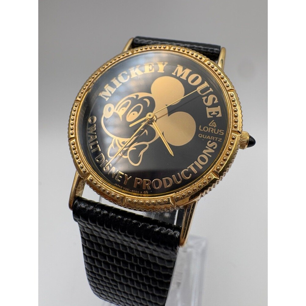 Vintage Lorus Mickey Mouse Watch Walt Disney Productions Black Gold Dial Texture